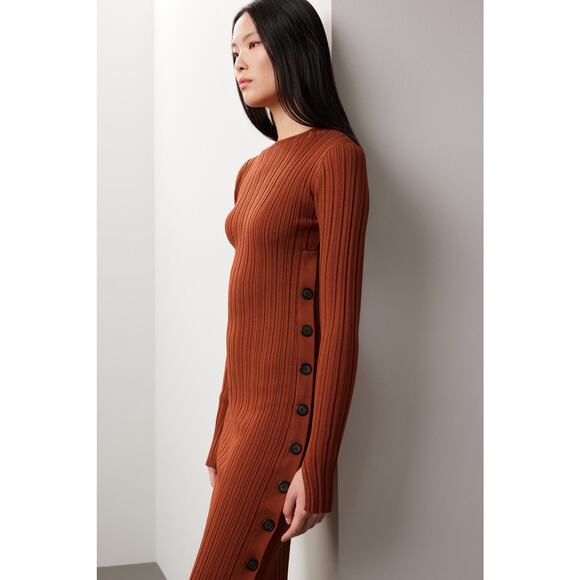 Adam Lippes Side Button Midi Dress Ribbed Sweater Brown Long Split Sleeve Sz XS - Picture 2 of 11